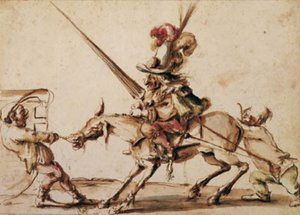 Ein tapferer Zwerg auf einem widerspenstigen Maultier, das von zwei anderen Zwergen zu einem Turnier gezogen wird von Stefano della Bella