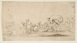 Ein Fischer bringt seine Netze ein, ein Mann links schiebt einen Ballen nach rechts, zwei sitzende... (ca. 1662) von Stefano della Bella