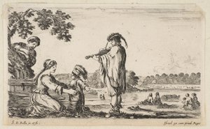 Ein Mann spielt Geige in der Mitte, nach links im Profil gedreht, eine sitzende Frau... von Stefano della Bella