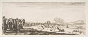 Eine Prozession von pferdegezogenen Kanonenwagen nach links, Reiter im Kampf und ein toter Soldat, ca. 1641 von Stefano della Bella