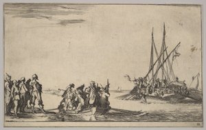 Ein Ruderboot voller Männer in der Mitte, eine Gruppe von Männern steht am Ufer links, ein Schiff voller ..., 1639 von Stefano della Bella