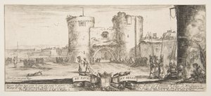 Ein Eingang zu einer Festung in der Mitte, eine Frau mit Kind sitzt rechts am Feuer, ca. 1641 von Stefano della Bella
