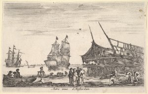 Eine andere Ansicht von Amsterdam, eine Gruppe von vier Männern steht in der Mitte, 1647
