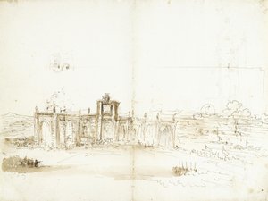 Ansicht des Hafens von Livorno mit einem das Medici-Wappen tragenden Gebäude [recto]; Hafenansicht und zwei Ornamentstudien [verso]