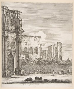 Konstantinsbogen und Kolosseum mit weidenden Schafen im Vordergrund, aus „Sechs große Ansichten, vier von Rom und zwei von der römischen Campagna“ von Stefano della Bella