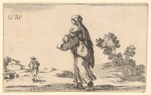 Bäuerin mit Korb in seitlicher Rückenansicht nach links, vor ihr nach links ein Reisender von Stefano della Bella