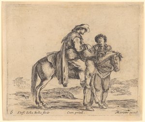 Bauer auf einem Pferd, im Profil nach rechts, hinter dem Pferd ein zweiter, stehender Bauer von Stefano della Bella