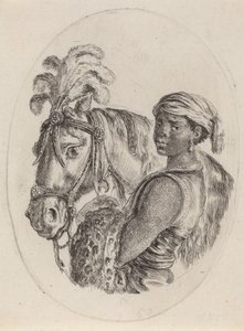 Schwarzer Stallbursche mit einem arabischen Pferd