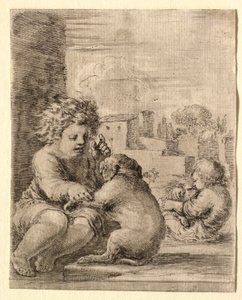 Kind bringt einem Hund bei, auf den Hinterbeinen zu sitzen von Stefano della Bella