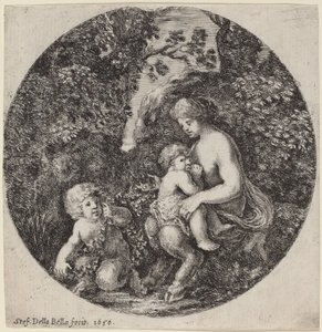Weiblicher Satyr, der ein Kind in einer bewaldeten Landschaft stillt von Stefano della Bella