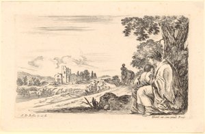 Frau mit Kind sitzt im Schatten eines Baums am Wegrand von Stefano della Bella