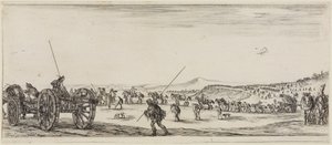 Frieden und Krieg: Züge mit Kanonen und zwei mit langen Lanzen ausgerüsteten Soldaten von Stefano della Bella