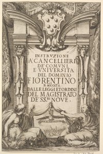 Frontispiz für Anweisungen für Kanzler Instruzione a Cancellieri: Medici-Wappen ..., 1635 von Stefano della Bella