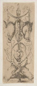 Jagdtrophäe mit Hirschköpfen unten, ca. 1653