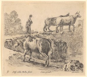 Kuh geht einen Hügel hoch, hinten betritt eine Bäuerin mit zwei Kühen eine Brücke von Stefano della Bella