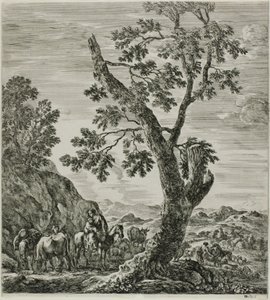 Reitende Bäuerin mit einem Kind in den Armen, Platte sechs aus Die sechs großen Ansichten von Rom und der Campagna von Stefano della Bella