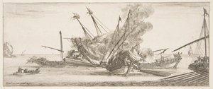 Seekampf, ein Schiff in der Mitte, von hinten gesehen, feuert auf vier feindliche Schiffe, ein weiteres, ca. 1641