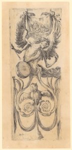 Panel mit trommelndem Tod, unten eine Eule, im Schnabel das Band einer Glocke, Blatt 12 der Folge Ornamente oder Grotesken von Stefano della Bella