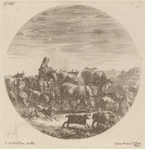Bauer auf einem Pferd mit Kühen, Schafen und Ziegen