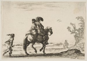 Reiter und Frau, von hinten gesehen, reiten nach rechts mit einem jungen ..., 1642