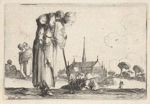 Platte 10: eine Bäuerin nach rechts gewandt mit einem Kind auf dem Rücken, ein Junge lie..., ca. 1642 von Stefano della Bella