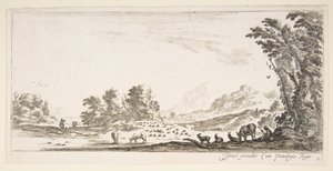 Platte 11: Schäferin sitzt rechts unter einem Baum und beobachtet ihre Herde links, ca. 1641 von Stefano della Bella
