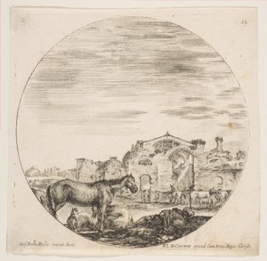 Tafel 12: ein schlafender Hirte auf dem Boden rechts, drei Pferde links, andere Pferde, ca. 1646 von Stefano della Bella