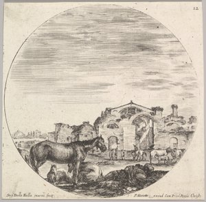 Tafel 12: Ein schlafender Hirte auf dem Boden rechts, drei Pferde links, andere h..., ca. 1643-48 von Stefano della Bella