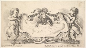 Kartusche mit Marmormitte, ein Säugling auf jeder Seite hält einen Kranz ..., 1646 von Stefano della Bella