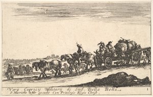 Tafel 1: Ein Pferdewagen, der Menschen und Waren transportiert, totes Pferd im Vordergrund, ca. 1641 von Stefano della Bella