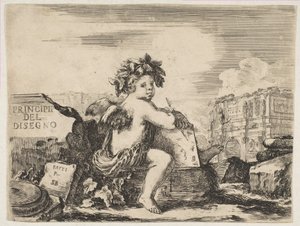 Der Genius des Zeichnens, ein Kind mit Flügeln, auf einem Felsen sitzend von Stefano della Bella
