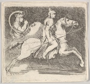 Ein Soldat im Profil galoppiert nach rechts und hält eine Lanze in seiner rechten Hand von Stefano della Bella