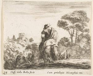 Tafel 24: Hirte auf einem Pferd, von hinten gesehen, führt sein Vieh einen Hügel hinunter, ca. 1644-47
