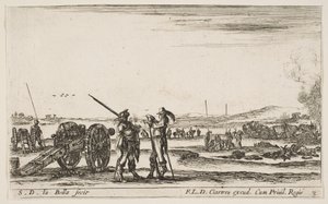Platte 3: Ein Offizier gibt einem Soldaten im Vordergrund Befehle, Kanone links, f... von Stefano della Bella