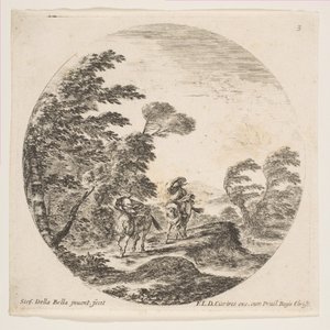 Tafel 3: ein Sturm im Wald, zwei Reiter in ihre Mäntel gehüllt, mit dem Wind blo..., ca. 1646 von Stefano della Bella