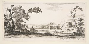 Tafel 3: zwei Reiter überqueren einen Fluss nach rechts, eine Frau mit zwei Körben auf einem Esel, ca. 1641 von Stefano della Bella