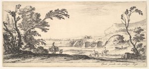 Tafel 3: zwei Reiter überqueren einen Fluss nach rechts, eine Frau mit zwei Körben auf einem Esel, ca. 1641