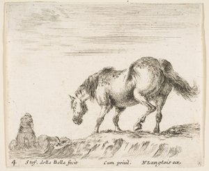 Tafel 4: Ein Pferd im Profil nach links, kurz vor dem Abstieg von einem Hügel, ein Pferd..., ca. 1644-47 von Stefano della Bella