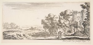 Tafel 4: zwei Pilger beobachten Ruinen rechts, einer zeigt nach rechts, ein Hirte..., ca. 1641 von Stefano della Bella