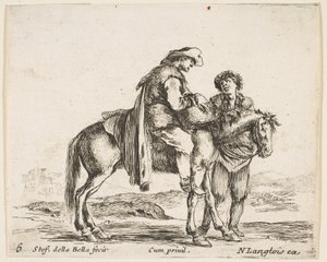 Platte 6: ein Bauer zu Pferd im Profil nach rechts gewandt, hält einen Korb von Stefano della Bella