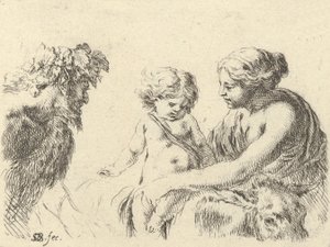 Tafel 6: eine Frau rechts hält ihr Kind, das auf einem Esel sitzt, ein Satyr links, ca. 1646 von Stefano della Bella