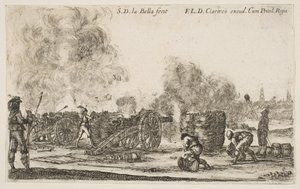 Tafel 6: Batterie von Kanonen, die auf eine Stadt feuern, aus Verschiedene Militärische Kaprizen, ca. 1641 von Stefano della Bella