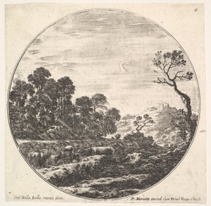 Kühe überqueren ein Tal nach links, eine Gruppe von Bäumen links, ein Reiter und o..., ca. 1643-48 von Stefano della Bella