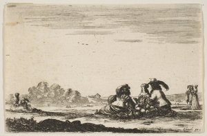 Tafel 7: Zwei Edelleute sitzen in der Mitte, von hinten gesehen, im Gespräch mit einer Edeldame, 1642 von Stefano della Bella