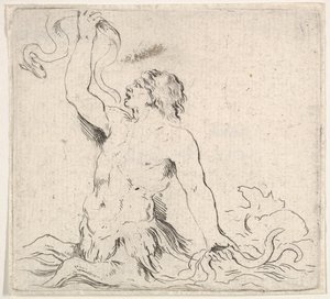 Tafel 7: ein Triton im Wasser, nach links gewandt, hält einen Aal in seiner rechten Hand hoch, ca. 1646 von Stefano della Bella