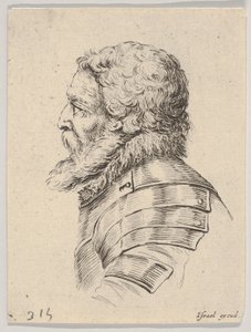 Tafel 7: Büste eines bärtigen Soldaten in Rüstung, nach links im Profil, aus Verschiedene Köpfe, 1650 von Stefano della Bella