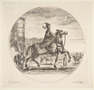 Polnischer Reiter im Profil nach rechts, ein Turm und andere Figuren auf Pferden im Hintergrund von Stefano della Bella