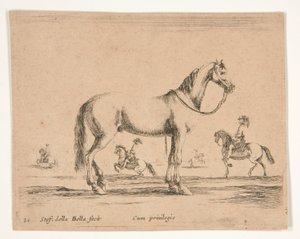 Reiterloses Pferd, mit Reitern im Hintergrund