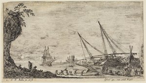 Seehafen mit Seeleuten und Arbeitern, die Holzstämme befördern von Stefano della Bella