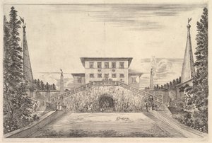 Die Villa mit vier Obelisken, einer Treppe zu beiden Seiten, einer Statue..., ca. 1653